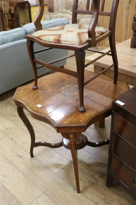 An Edwardian inlaid rosewood occasional table and a mahogany elbow chair, W.75cm